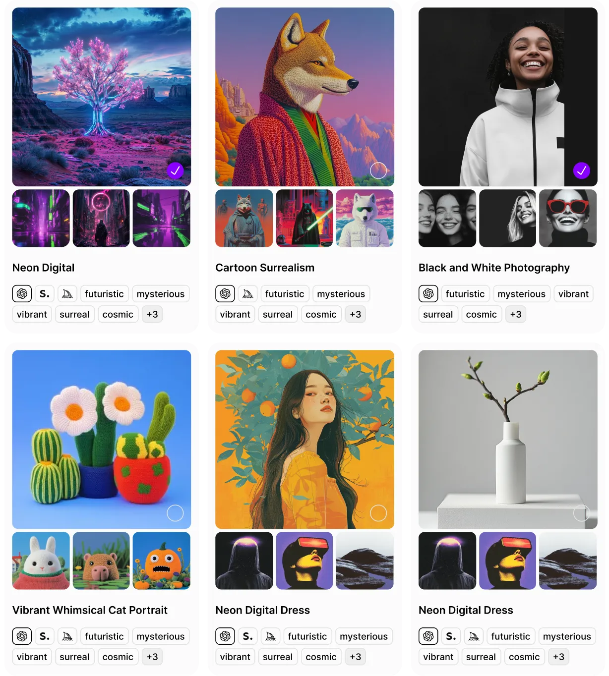 Interface, grid of available styles